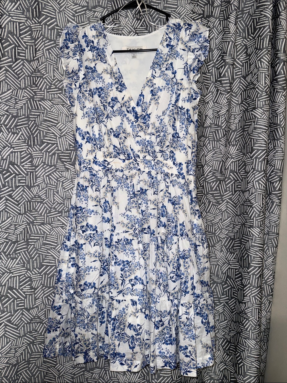 Taylor White Dress with Blue Floral Print and Ruffle Shoulders